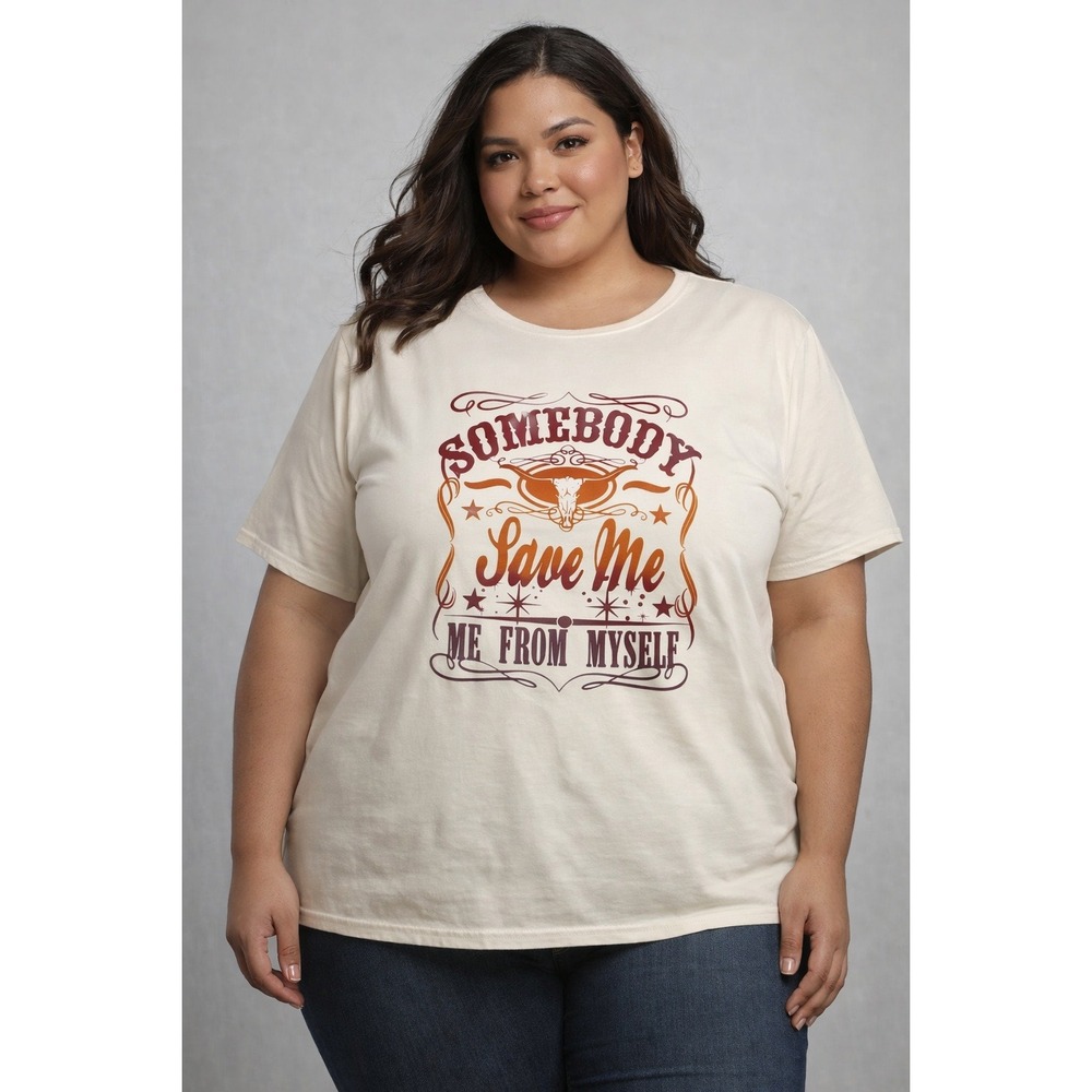 Womens Western Graphic Tee Cream‎ Somebody Save Me From Myself Longhorn 3XL